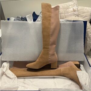 Stuart Weitzman Tan and Pink Over the Knee Boots
